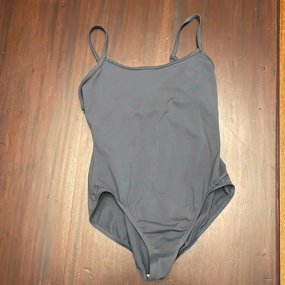 Mirella slate blue gray leotard with scalloped design on back size L